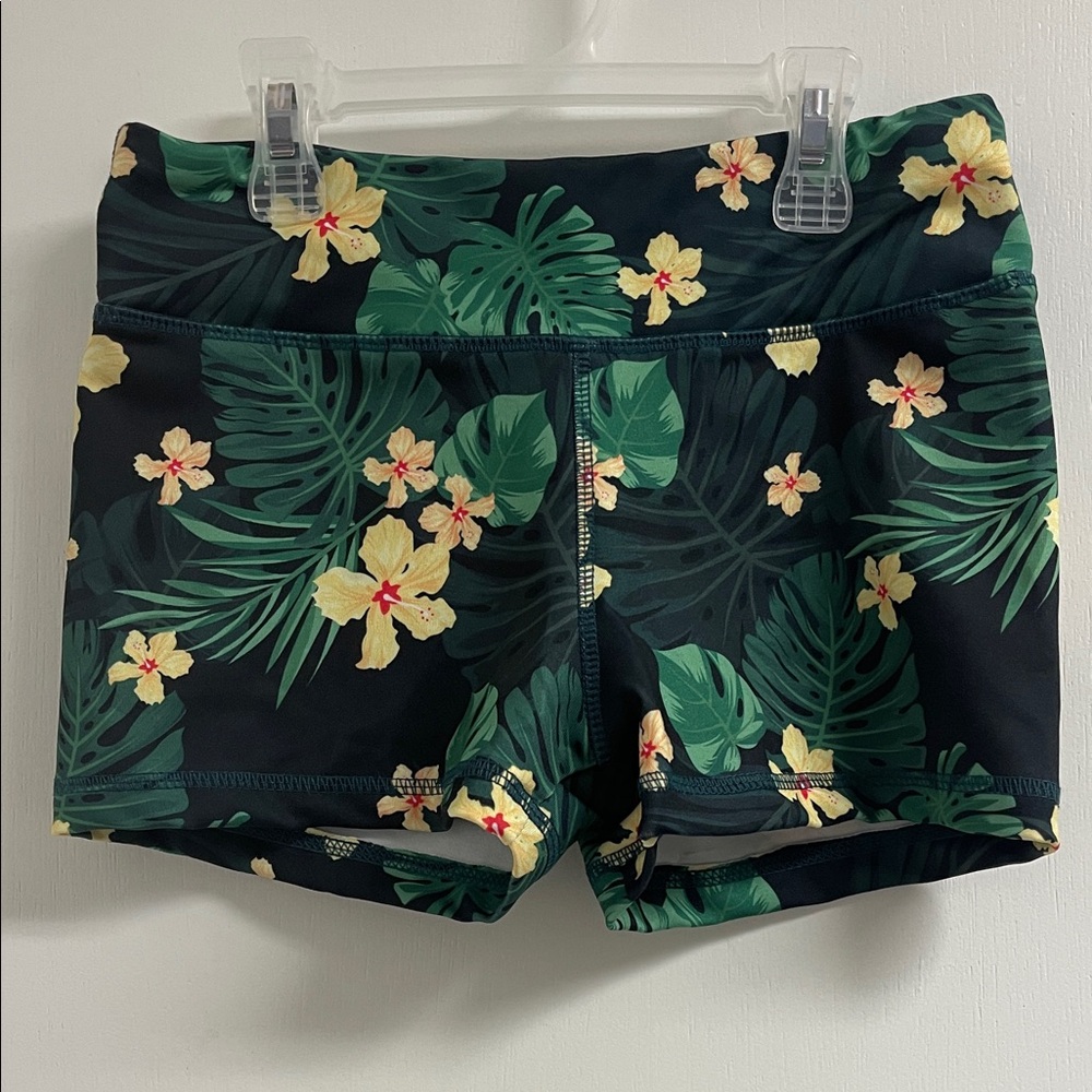 Ava Sky Black and Green Floral Athletic Shorts
